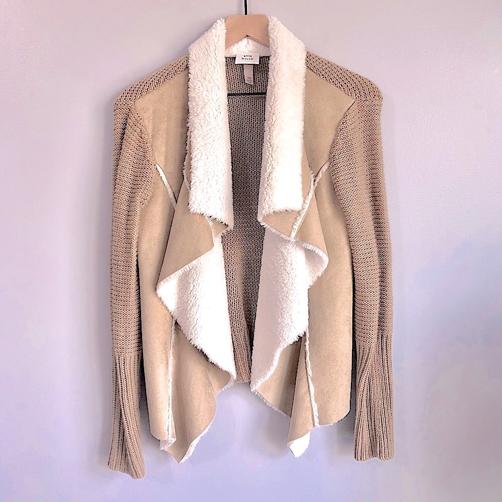 New Faux Shearling Suede Tan Ivory Cream Knit Knox Rose Open Cardigan Sweater XS